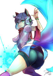 Rule 34 | ahri (league of legends), alternate costume, alternate hairstyle, animal ears, arcade ahri, ass, bad id, bad pixiv id, bangle, blue eyes, bracelet, breasts, fingernails, fox ears, fox tail, from behind, headphones, highres, jewelry, league of legends, looking at viewer, looking back, multiple tails, parted lips, pixels, purple hair, red scarf, scarf, short hair, short sleeves, shorts, simple background, smile, solo, tail, thighs, white background, wwwazxc