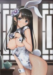 Rule 34 | 1girl, absurdres, animal ears, black eyes, black hair, blush, breasts, buttons, covered navel, day, earrings, fake animal ears, fake tail, fishnet pantyhose, fishnets, floral print, hair ornament, hand on own chest, hand up, head tilt, heart, heart earrings, highleg, highleg leotard, highres, indoors, jewelry, leotard, long hair, looking at viewer, medium breasts, nipples, original, pantyhose, parted lips, ping-yi (tony taka), playboy bunny, rabbit ears, rabbit tail, scan, shiny skin, sleeveless, smile, solo, tail, teapot, tony taka, window, wrist cuffs