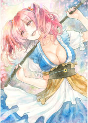 Rule 34 | 1girl, :d, blue dress, blush, breasts, cleavage, coin, collarbone, colored pencil (medium), cowboy shot, dress, frilled sleeves, frills, hair bobbles, hair ornament, holding, large breasts, layered dress, leaning to the side, long hair, looking away, nail polish, obi, onozuka komachi, open mouth, over shoulder, painting (medium), pink eyes, pink hair, puffy short sleeves, puffy sleeves, red nails, sample watermark, sash, short sleeves, smile, solo, touhou, traditional media, two side up, watercolor (medium), watermark, yotsuba0401