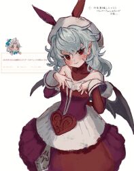Rule 34 | 2girls, alternate costume, b nosk101, bare shoulders, bat wings, closed mouth, commentary request, cowboy shot, dress, grey hair, hands up, head tilt, highres, izayoi sakuya, long hair, long sleeves, looking at viewer, multiple girls, pointy ears, red dress, red eyes, remilia scarlet, slit pupils, smile, solo focus, strapless, strapless dress, touhou, translation request, white headwear, wings