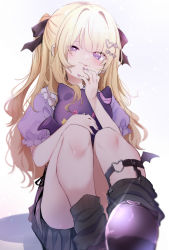 Rule 34 | 1girl, :p, absurdres, ass, black socks, blonde hair, blush, hair ornament, highres, long hair, looking at viewer, pleated skirt, puffy sleeves, purple eyes, re:act, sitting, skirt, smile, socks, solo, stuffed toy, tongue, tongue out, tsukushi aria, utsusumi kio, virtual youtuber