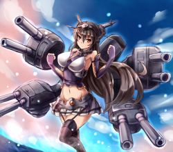 Rule 34 | 10s, 1girl, antennae, bare shoulders, black hair, black thighhighs, blue sky, breasts, brown eyes, cannon, cloud, elbow gloves, female focus, fingerless gloves, garter straps, gloves, hair ornament, kantai collection, large breasts, long hair, looking at viewer, midriff, miniskirt, nagato (kancolle), navel, ocean, purple gloves, shirt, skirt, sky, solo, sumapan, thighhighs, very long hair, zettai ryouiki