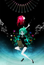 Rule 34 | 10s, 2others, androgynous, black background, black theme, cinnabar (houseki no kuni), green hair, houseki no kuni, looking up, multiple others, nona drops, phosphophyllite, profile, red hair, shoes, unworn shoes, water