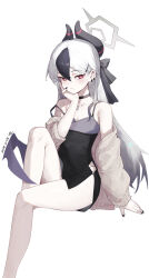 Rule 34 | 1girl, absurdres, azema, bare legs, bare shoulders, black choker, black dress, black hair, black horns, blue archive, blush, choker, closed mouth, demon horns, demon wings, dress, ear piercing, feet out of frame, gradient hair, grey halo, grey jacket, hair between eyes, halo, hand on own cheek, hand on own face, hashtag-only commentary, highres, horns, jacket, kayoko (blue archive), kayoko (dress) (blue archive), legs, long hair, long sleeves, looking at viewer, multicolored hair, official alternate costume, piercing, red eyes, simple background, single wing, sitting, solo, two-tone hair, white background, white hair, wings