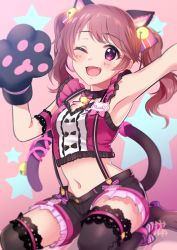 Rule 34 | 1girl, absurdres, animal ears, animal hands, armpits, bell, black thighhighs, blush, brown hair, cat ears, cat paws, cat tail, fang, gou d, highres, idolmaster, idolmaster cinderella girls, idolmaster cinderella girls starlight stage, long hair, looking at viewer, navel, one eye closed, open mouth, pink eyes, shiina noriko, sitting, smile, solo, tail, thighhighs, twintails, wariza