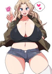 Rule 34 | 1girl, black shirt, blonde hair, blue eyes, breasts, cleavage, condom, covered erect nipples, denim, denim shorts, dettonnn, girls und panzer, gokinezura, highres, holding, holding condom, jacket, kay (girls und panzer), large breasts, long hair, looking at viewer, midriff, navel, open clothes, open jacket, open mouth, salute, shirt, shorts, solo, thighhighs, two-finger salute, white background