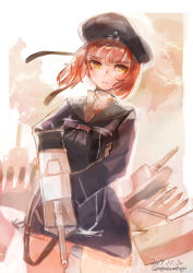 Rule 34 | 1girl, absurdres, black neckwear, blue dress, blunt bangs, brown eyes, brown hair, closed mouth, clothes writing, dated, dress, frown, hat, highres, holding, kantai collection, long sleeves, nagasawa tougo, ribbon, rigging, sailor collar, sailor dress, sailor hat, short dress, short hair, solo, twitter username, z3 max schultz (kancolle)