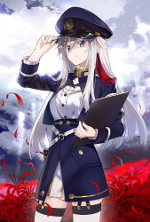 Rule 34 | 1girl, 86 -eightysix-, blue hat, blue jacket, blue skirt, clipboard, closed mouth, cloud, cloudy sky, cowboy shot, cropped jacket, day, field, flower, flower field, garter straps, glowing, gold trim, grey eyes, grey sky, hair over shoulder, hat, high-waist skirt, highres, holding, holding clipboard, holding clothes, holding hat, jacket, long hair, long sleeves, looking at viewer, military, military hat, military uniform, nyoro (nyoronyoro000), outdoors, pleated skirt, red flower, shirt, sidelocks, skirt, sky, solo, standing, thighlet, uniform, vladilena millize, white hair, white shirt, white skirt