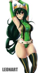 Rule 34 | 1girl, arms up, asui tsuyu, black eyes, blush, boku no hero academia, breasts, covered navel, goggles, goggles on head, green hair, green leotard, highleg, highleg leotard, large breasts, leonart, leotard, long hair, one-piece swimsuit, smile, swimsuit, thick thighs, thighhighs, thighs