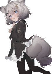 Rule 34 | 1girl, ahoge, animal ears, ass, black dress, black pantyhose, blue eyes, blush, copyright request, dress, eip (pepai), feet out of frame, frilled dress, frills, from behind, grey hair, hair between eyes, hair ornament, hands up, kneeling, long sleeves, looking at viewer, looking back, no shoes, pantyhose, parted lips, simple background, sleeves past wrists, solo, tail, tears, white background, x hair ornament