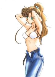 Rule 34 | 1990s (style), 1girl, armpits, arms up, belt, bishoujo senshi sailor moon, bra, brown hair, denim, green eyes, hair bobbles, hair ornament, jeans, kino makoto, lingerie, long hair, no shirt, open fly, panties, pants, ponytail, solo, unbuckled, open belt, underwear, undressing, unzipped, white background