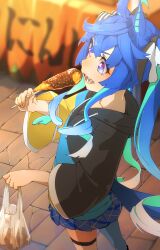 Rule 34 | 1girl, @ @, absurdres, ahoge, alternate costume, animal ears, bag, blue eyes, blue hair, blue skirt, blurry, blurry background, carrot, crossed bangs, feet out of frame, flat chest, food, food on face, highres, holding, holding bag, hood, hood down, hoodie, horse ears, horse girl, horse tail, long hair, long sleeves, miniskirt, open mouth, outdoors, plastic bag, pleated skirt, sharp teeth, sideways mouth, skewer, skirt, solo, standing, tail, teeth, thigh strap, thin (suzuneya), twin turbo (umamusume), twintails, umamusume
