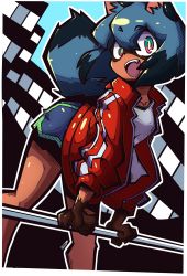 Rule 34 | 1girl, absurdres, animal ears, bent over, black hair, blue hair, blue shorts, brand new animal, dolphin shorts, emmantroll, fang, female focus, furry, furry female, halftone, head tilt, highres, jacket, kagemori michiru, looking at viewer, multicolored hair, open clothes, open jacket, open mouth, outline, raccoon ears, raccoon tail, red eyes, red jacket, shorts, solo, tail, raccoon girl, track jacket, white outline
