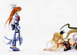 Rule 34 | 00s, 2girls, all fours, belt, blonde hair, blue eyes, bow, brown hair, clothed sex, fate testarossa, fingerless gloves, from side, gloves, hair bow, highres, leotard, long hair, looking at another, looking up, lyrical nanoha, mahou shoujo lyrical nanoha, mahou shoujo lyrical nanoha strikers, multiple girls, profile, red eyes, scan, slime (substance), standing, stitched, surprised, takamachi nanoha, tamiya akito, tentacle sex, tentacles, thighhighs, third-party edit, torn clothes, traditional media, uniform, white background, white devil