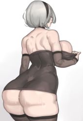 Rule 34 | 1girl, alternate breast size, android, ass, black dress, black sleeves, blindfold, breasts, clothes pull, curvy, detached sleeves, dress, goth fashion, hairband, highres, kelvin hiu, nier (series), nier:automata, pale skin, short dress, short hair, sweat, sweatdrop, thick thighs, thighs, wet, white hair, wide hips, 2b (nier:automata)