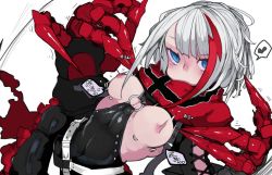 Rule 34 | 1girl, admiral graf spee (azur lane), azur lane, black dress, blue eyes, blush, bouncing breasts, breasts, commentary request, dress, frilled dress, frills, heart, kimura akiyoshi, looking at viewer, mechanical hands, medium breasts, multicolored hair, nipples, o-ring, o-ring dress, red hair, simple background, spoken heart, streaked hair, upper body, white background, white hair