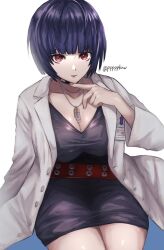 Rule 34 | 1girl, artist name, belt, black dress, black hair, breasts, cleavage, coat, dress, highres, jewelry, lab coat, large breasts, looking at viewer, necklace, open clothes, open coat, persona, persona 5, pppppknw, red belt, red eyes, short dress, short hair, simple background, solo, takemi tae, white background, white coat