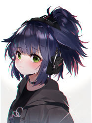 Rule 34 | 1girl, arknights, baocaizi, black choker, black shirt, blush, choker, closed mouth, crying, crying with eyes open, ear protection, gradient background, green eyes, grey background, grey jacket, hair flaps, high ponytail, highres, jacket, jessica (arknights), looking at viewer, multicolored hair, open clothes, open jacket, ponytail, purple hair, red hair, shirt, solo, sparkle, tears, two-tone hair, upper body, white background