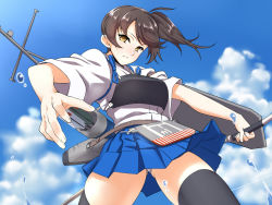 Rule 34 | 1girl, apron, black thighhighs, blue sky, breasts, brown hair, closed mouth, cloud, cloudy sky, commentary request, cowboy shot, day, expressionless, foreshortening, from below, gluteal fold, hakama, hakama short skirt, hakama skirt, half-closed eyes, japanese clothes, kaga (kancolle), kantai collection, looking at viewer, medium hair, muneate, outdoors, outstretched arms, panties, pantyshot, partial commentary, quiver, rigging, shingyou (alexander-13), side ponytail, skirt, sky, solo, tasuki, thighhighs, underwear, upskirt, water drop, white panties, yellow eyes, yumi (bow)