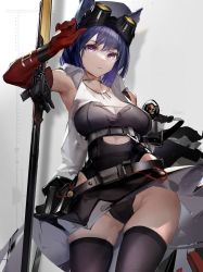 Rule 34 | 1girl, absurdres, animal ears, arknights, arm up, armpits, bare shoulders, belt, belt pouch, black skirt, black thighhighs, blue hair, breasts, cat ears, cleavage, closed mouth, collarbone, contrapposto, cowgirl position, elbow gloves, gloves, gluteal fold, goggles, goggles on head, highres, jewelry, large breasts, leotard, leotard under clothes, looking at viewer, miniskirt, necklace, open clothes, open vest, pouch, purple eyes, red gloves, rockrock (arknights), short hair, skirt, solo, staff, straddling, thighhighs, upskirt, vest, white vest