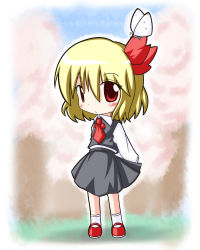 Rule 34 | 1girl, blonde hair, bug, butterfly, chibi, embodiment of scarlet devil, female focus, flower, full body, insect, mary janes, outdoors, plant, r pascal, red eyes, ribbon, rumia, shoes, short hair, sky, solo, standing, touhou, tree