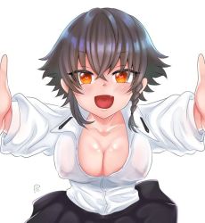 Rule 34 | 1girl, black hair, braid, breasts, cleavage, covered erect nipples, girls und panzer, large breasts, looking at viewer, open mouth, orange eyes, pepperoni (girls und panzer), shiny skin, short hair, shounan no tamasu, simple background, smile, solo, white background