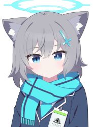 Rule 34 | 1girl, absurdres, animal ear fluff, animal ears, blazer, blue archive, blue eyes, blue jacket, blue necktie, blue scarf, closed mouth, commentary request, fringe trim, grey hair, hair between eyes, hair ornament, halo, highres, jacket, looking at viewer, necktie, scarf, shiroko (blue archive), shirt, simple background, solo, sprout (haji s), upper body, white background, white shirt, wolf ears