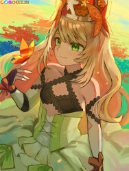Rule 34 | 1girl, artist name, bare shoulders, blonde hair, breasts, bug, butterfly, butterfly hair ornament, butterfly on hand, celine (fire emblem), chocojax, crown, detached sleeves, dress, fire emblem, fire emblem engage, green dress, hair ornament, highres, insect, long hair, nintendo, patreon logo, small breasts, smile, solo, twitch logo, twitter logo, upper body, very long hair