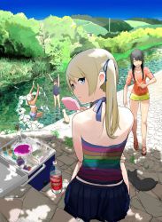 Rule 34 | 4girls, back, backpack, bag, bare shoulders, blonde hair, blouse, chito (flying witch), cooler, cork, day, eyebrows, flask, flying witch, food, hair ribbon, halterneck, highres, ishizuka chihiro, kenny (flying witch), kowata akane, kowata makoto, kuramoto chinatsu, landscape, long hair, looking at viewer, miniskirt, multiple girls, outdoors, pleated skirt, popsicle, potion, rainbow order, ribbon, river, riverbank, round-bottom flask, shiina anzu (flying witch), shirt, shoulder blades, siblings, sisters, sitting, skirt, solo focus, summer, test tube, twintails, vial, wet, wet clothes, wet shirt
