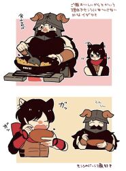Rule 34 | 1boy, 1girl, 2koma, :&lt;, ^ ^, arm guards, bare shoulders, beard, black hair, blush, body fur, bowl, closed eyes, comic, cooking, dungeon meshi, dwarf, facial hair, facing viewer, fake horns, fatherly, fire, food, food on face, hand up, happy, helmet, holding, holding bowl, holding spoon, horned helmet, horns, izutsumi, kirukiruababa, ladle, looking at another, midriff, multicolored fur, nose blush, open mouth, red scarf, scarf, senshi (dungeon meshi), short hair, sleeveless, spoon, squatting, stove, sweat, wok