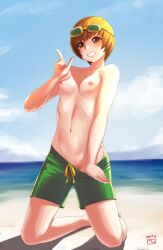 Rule 34 | 1girl, blue sky, breasts, brown eyes, clothes pull, cloud, commentary, drawstring, english commentary, finalcake, full body, goggles, goggles on head, green male swimwear, green swim trunks, grin, groin, highres, horizon, index finger raised, kneeling, male swimwear, male swimwear challenge, male swimwear pull, nipples, ocean, orange hair, persona, persona 4, pulled by self, satonaka chie, shadow, short hair, signature, sky, small breasts, smile, solo, swim trunks, swim trunks pull, swimsuit, topless