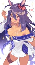 Rule 34 | + +, 1girl, animal ears, bow, breasts, cleavage, collarbone, commentary request, dark-skinned female, dark skin, ear ribbon, fang, fingernails, heart, highres, hishi amazon (umamusume), horse ears, horse girl, horse tail, large breasts, long hair, looking at viewer, open mouth, purple hair, red eyes, red ribbon, ribbon, simple background, solo, spoken heart, standing, suzuho hotaru, tail, thighs, twitter username, umamusume, white background