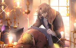 Rule 34 | 2boys, achilles (fate), ascot, bespectacled, blanket, blurry, brown hair, candlestand, chiron (fate), covering with blanket, depth of field, desk, fate/apocrypha, fate (series), formal, glasses, gloves, green hair, long hair, male focus, manly, multiple boys, no-kan, pinstripe pattern, pinstripe suit, sleeping, striped, suit, teacher and student, white gloves