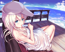 Rule 34 | 10s, 1girl, alternate costume, ankle boots, bare arms, bare shoulders, blue sky, boots, collarbone, commentary request, day, dress, eating, flat cap, food, foreshortening, frilled dress, frills, hair between eyes, hat, hibiki (kancolle), holding, holding food, kantai collection, licking, long hair, no legwear, no socks, ocean, pier, popsicle, revision, silver hair, sitting, sky, sleeveless, sleeveless dress, spaghetti strap, summer, sundress, tama satou, tongue, tongue out, verniy (kancolle), water, white dress, white footwear, white hat