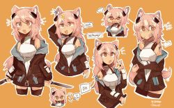 Rule 34 | ..., 1girl, animal ears, arknights, armor, black jacket, black thighhighs, blush, breastplate, cowboy shot, dagger, dual wielding, english text, gravel (arknights), grey shirt, hair between eyes, highres, holding, holding weapon, jacket, knife, long hair, looking at viewer, mouse ears, mouse tail, multiple views, odmised, open clothes, open jacket, open mouth, orange background, orange eyes, pink hair, shirt, simple background, sleeveless, sleeveless shirt, smile, speech bubble, spoken ellipsis, tail, thighhighs, v, weapon