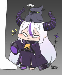 Rule 34 | 1girl, 1other, :3, animal, bird, blush stickers, boca, collar, crow, crow (la+ darknesss), height difference, hololive, holox, horns, la+ darknesss, long hair, pointy ears, purple hair, sleeves past wrists, striped horns, virtual youtuber, white hair