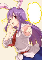 Rule 34 | 1girl, animal ears, belt, blank speech bubble, blouse, blue skirt, highres, lavender shirt, long hair, looking at viewer, monrooru, necktie, one eye closed, open mouth, pink background, pointing, pointing at viewer, purple hair, rabbit ears, red eyes, red necktie, reisen udongein inaba, shirt, simple background, skirt, solo, speech bubble, tearing up, template, touhou, translated, very long hair, white shirt