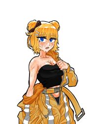 Rule 34 | 1girl, absurdres, belt, blonde hair, blue eyes, blush, bob cut, bow, breasts, cleavage, collarbone, commentary, crop top, double bun, english commentary, eyelashes, hair bow, hair bun, hair ornament, hairclip, highres, hololive, hololive english, hot, koizumi arata, large breasts, long sleeves, looking at viewer, midriff, midriff peek, mole, mole on breast, official alternate costume, open mouth, short hair, simple background, single bare shoulder, spacesuit, sweat, underwear, undressing, unzipped, very sweaty, virtual youtuber, watson amelia, white background