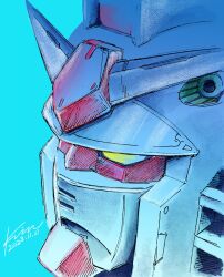 Rule 34 | blue background, close-up, commentary, dated, gundam, highres, kobakin, mecha, mobile suit, mobile suit gundam, no humans, portrait, robot, rx-78-2, science fiction, signature, simple background, symbol-only commentary, v-fin, yellow eyes