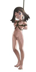 Rule 34 | absurdres, barefoot, bdsm, bondage, bound, breasts, brown hair, creatures (company), feet, full body, game freak, highres, legs, may (pokemon), may (pokemon oras), navel, nintendo, nude, pokemon, pussy, small breasts, sweat, toenails, toes