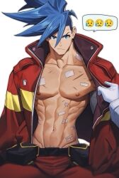 Rule 34 | 1boy, absurdres, asymmetrical hair, bandaged arm, bandages, bandaid, bandaid on stomach, belt pouch, blue eyes, blue hair, emoji, firefighter, firefighter jacket, frown, gaeag prma, galo thymos, gloves, highres, injury, jacket, kray foresight, looking at viewer, male focus, muscular, muscular male, nipples, no shirt, out of frame, pants, pectorals, pouch, promare, scar, scar on chest, short hair, sidecut, spiked hair, spoken emoji, sweat, undercut, white background, white gloves