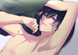 Rule 34 | 1boy, a3!, arm up, armpits, black hair, blonde hair, gradient background, looking at viewer, male focus, mole, mole under mouth, multicolored hair, murasakino, purple eyes, solo, streaked hair, topless male, undressing, upper body, usui masumi