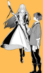 Rule 34 | 1boy, 1girl, baggy pants, bandaged arm, bandages, belt, blunt bangs, boots, buttons, closed eyes, closed mouth, coat, collared shirt, dress, fern (sousou no frieren), fingerless gloves, frills, gloves, greyscale, greyscale with colored background, hair between eyes, hand up, hands up, holding, holding hands, holding staff, hood, hooded coat, jacket, lm 0063, long hair, long sleeves, looking at another, monochrome, open clothes, open coat, open jacket, orange background, pants, shirt, short hair, sidelocks, simple background, sousou no frieren, staff, stark (sousou no frieren), wide sleeves