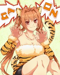 Rule 34 | 1girl, absurdres, ahoge, animal ear fluff, animal ears, animal print, breasts, claw pose, cleavage, closed mouth, commentary, eiyuu densetsu, english commentary, estelle bright, fake animal ears, fake tail, falcom, fangs, fur-trimmed shirt, fur trim, green background, highres, large breasts, long hair, looking at viewer, orange hair, red eyes, shirt, simple background, sitting, smile, solo, sora no kiseki, strapless, strapless shirt, tail, tiger ears, tiger print, twintails, yuzukiyo