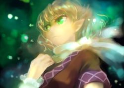 Rule 34 | 1girl, arm warmers, black shirt, blonde hair, brown jacket, closed mouth, commentary request, green eyes, highres, jacket, layered clothes, looking afar, mizuhashi parsee, multicolored clothes, multicolored jacket, pointy ears, portrait, riinu (ir-n), scarf, shirt, short hair, short sleeves, solo, touhou, white scarf