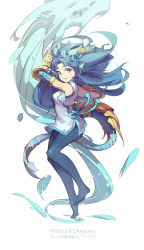 Rule 34 | 1girl, armor, bare shoulders, black hair, blue-eyes white dragon, blue eyes, blue hair, blue pantyhose, blue theme, chinese clothes, commentary request, copyright name, dragon, dragon tail, earrings, floating hair, from side, full body, gauntlets, highres, horns, hydrokinesis, jewelry, karin (p&amp;d), long hair, no shoes, open mouth, pantyhose, parted lips, photoshop (medium), puzzle &amp; dragons, revision, scales, simple background, sleeveless, solo, tail, tassel, tassel earrings, tennohi, vambraces, water, weapon, white background