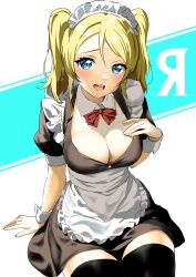 Rule 34 | 1girl, akiranakayama05, alternate costume, alternate hairstyle, apron, arm support, asymmetrical bangs, ayase eli, black thighhighs, blonde hair, blue eyes, bow, bowtie, breasts, cleavage, commentary, detached collar, enmaided, frilled apron, frills, hand on own chest, highres, invisible chair, large breasts, light blush, looking at viewer, love live!, love live! school idol project, maid, maid headdress, nice knee socks day, open mouth, parted bangs, red bow, red bowtie, russian text, shadow, sitting, solo, tareme, teeth, thighhighs, two side up, upper teeth only, wrist cuffs, zettai ryouiki