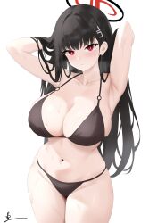 Rule 34 | 1girl, absurdres, armpits, arms behind head, arms up, bikini, black bikini, black hair, blue archive, blush, breasts, breath, cleavage, groin, halo, highres, large breasts, long hair, looking at viewer, navel, potgit, red eyes, rio (blue archive), signature, simple background, skindentation, solo, stomach, straight hair, swimsuit, very long hair, white background