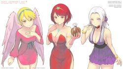Rule 34 | 3girls, armlet, bare shoulders, blonde hair, blue eyes, blue hairband, bracelet, breasts, breath of fire, capcom, chocolate, cleavage, dress, edelgard von hresvelg, feathered wings, female focus, fire emblem, fire emblem: three houses, gofelem, hairband, jewelry, large breasts, matching hair/eyes, multiple girls, nina (breath of fire), nintendo, purple dress, pyra (xenoblade), red dress, red hair, ring, short dress, side slit, simple background, strapless, strapless dress, white background, white hair, wings, xenoblade chronicles (series), xenoblade chronicles 2