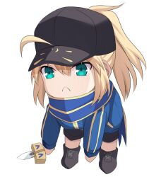 Rule 34 | 1girl, ahoge, artoria pendragon (fate), baseball cap, black hat, black shorts, blonde hair, blue jacket, blue scarf, chibi, cross (crossryou), excalibur (fate/stay night), fate/grand order, fate (series), green eyes, hair between eyes, hair through headwear, hat, himitsucalibur (fate), holding, jacket, looking at viewer, mysterious heroine x (fate), ponytail, scarf, shorts, solo, sword, track jacket, weapon